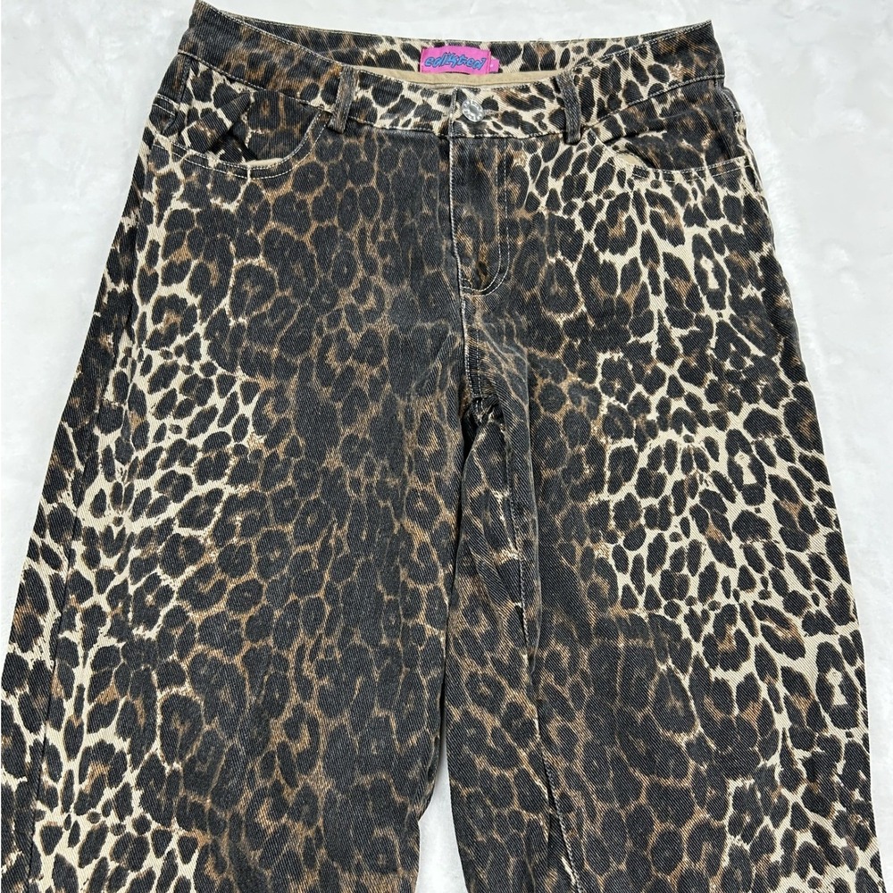 Edikted Leopard Print Jeans Womens S Brown Animal Print wide Leg Denim
